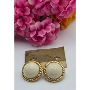 Vintage Monet Gold-Tone Cream Lucite Cabochon Clip-On Earrings 24mm
